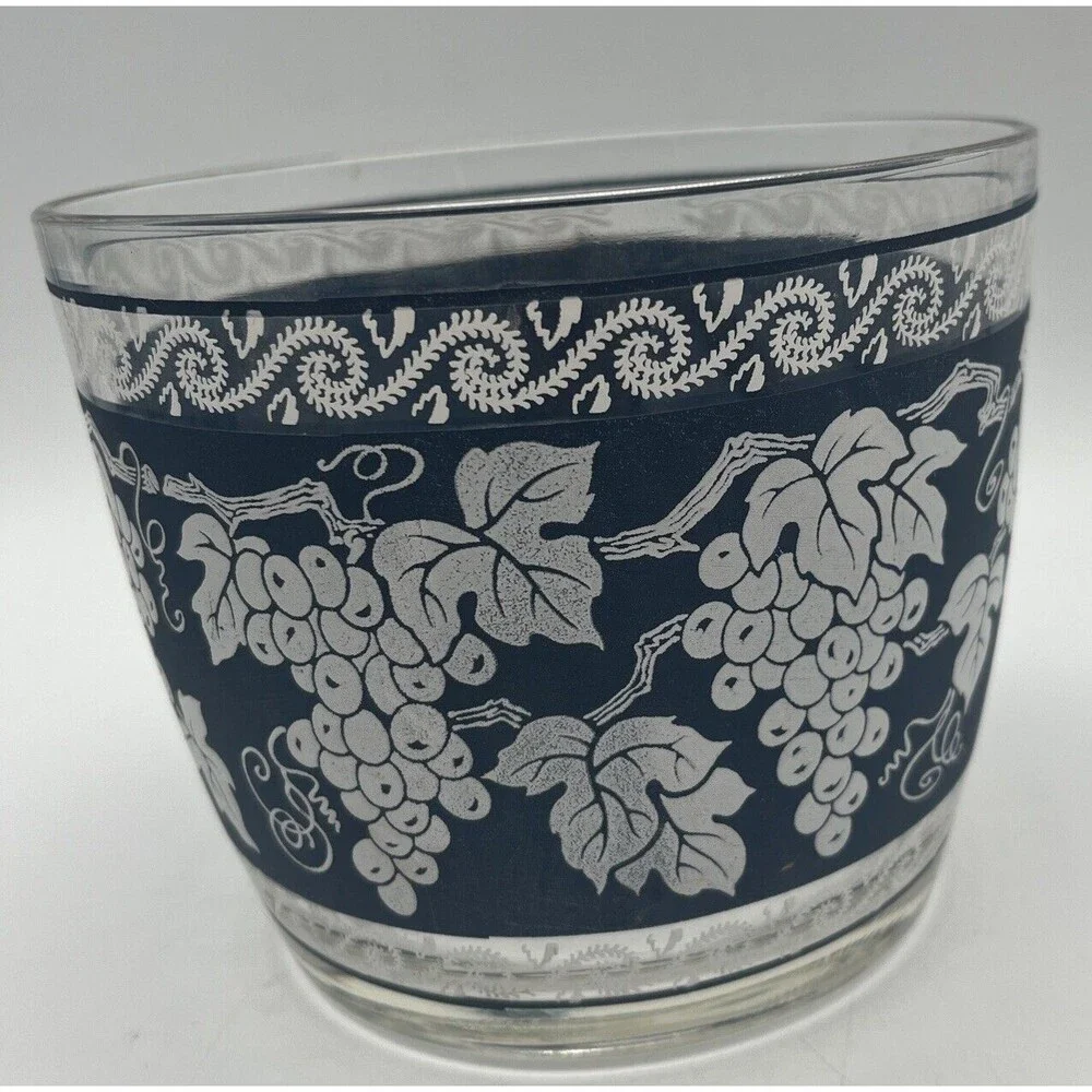 Vintage Hazel Atlas Glass Ice Bucket, Blue With White Grapevine Pattern